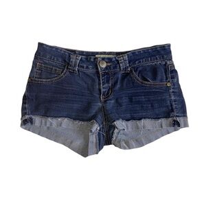 NAVY BLUE DENIM SHORTS W/ FOLDED FRAYED HEM · SIZE 5, FITS S/M